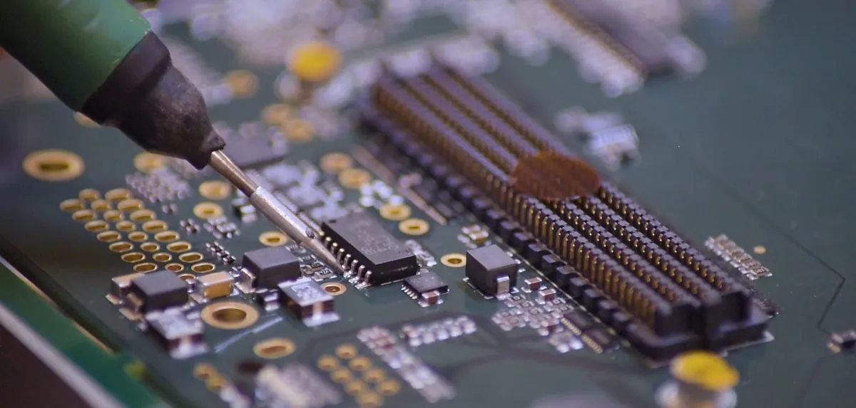 In-house PCBA assembly — hand-soldering a board at AEMICS